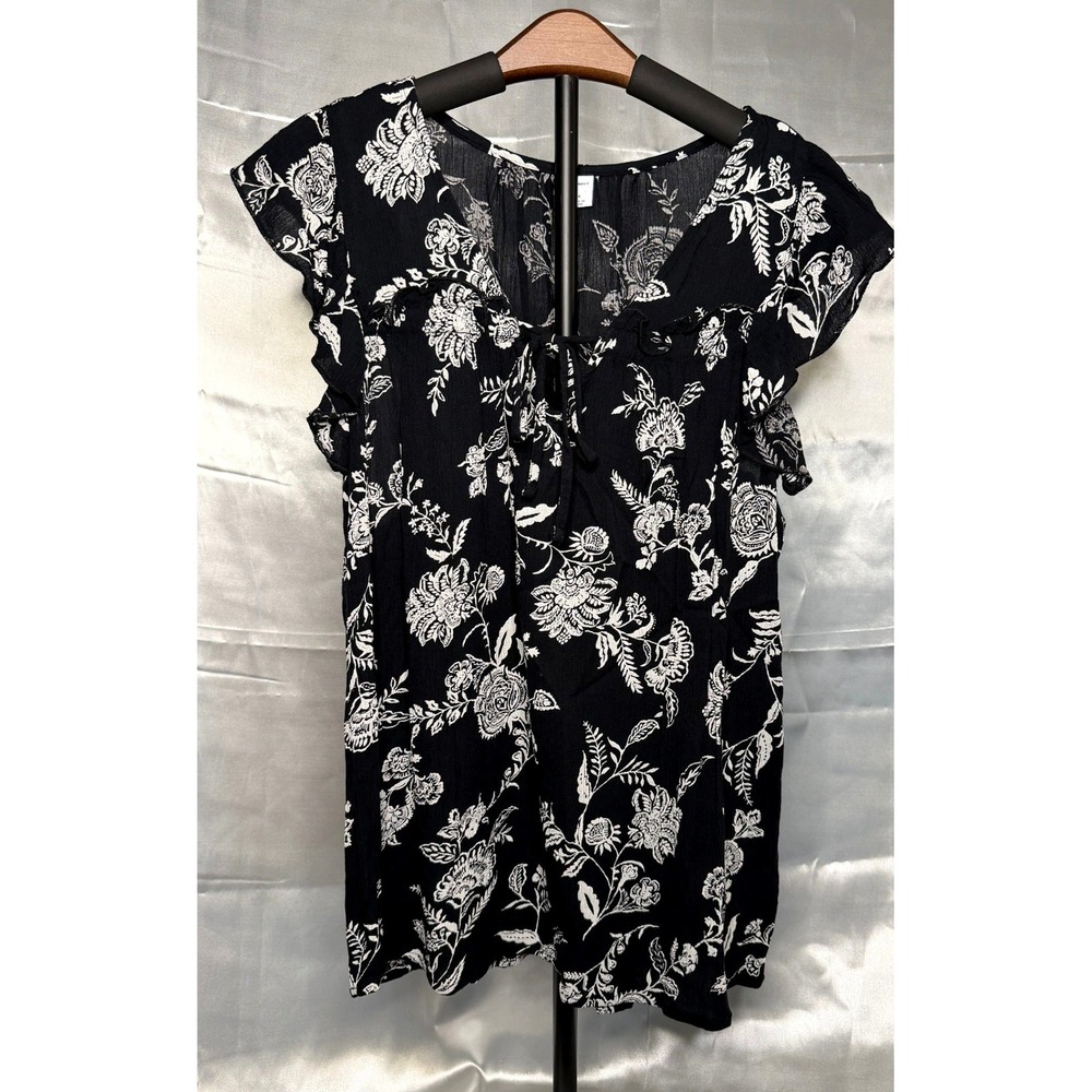 Old Navy Black White Floral Boho Peplum Ruffle Sleeve Blouse Top M Cottage